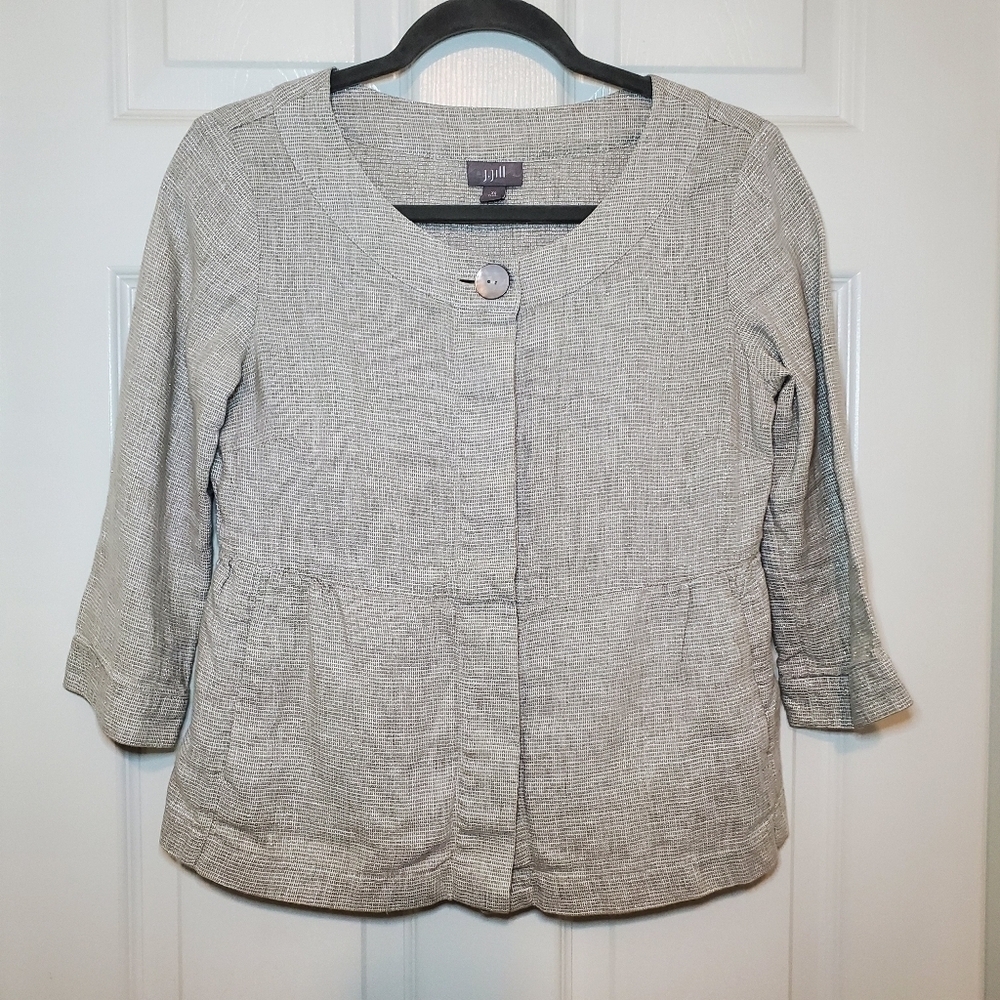 J Jill Jacket Womens XS Petite Linen Metallic Gold Peplum 3/4 Sleve Pockets